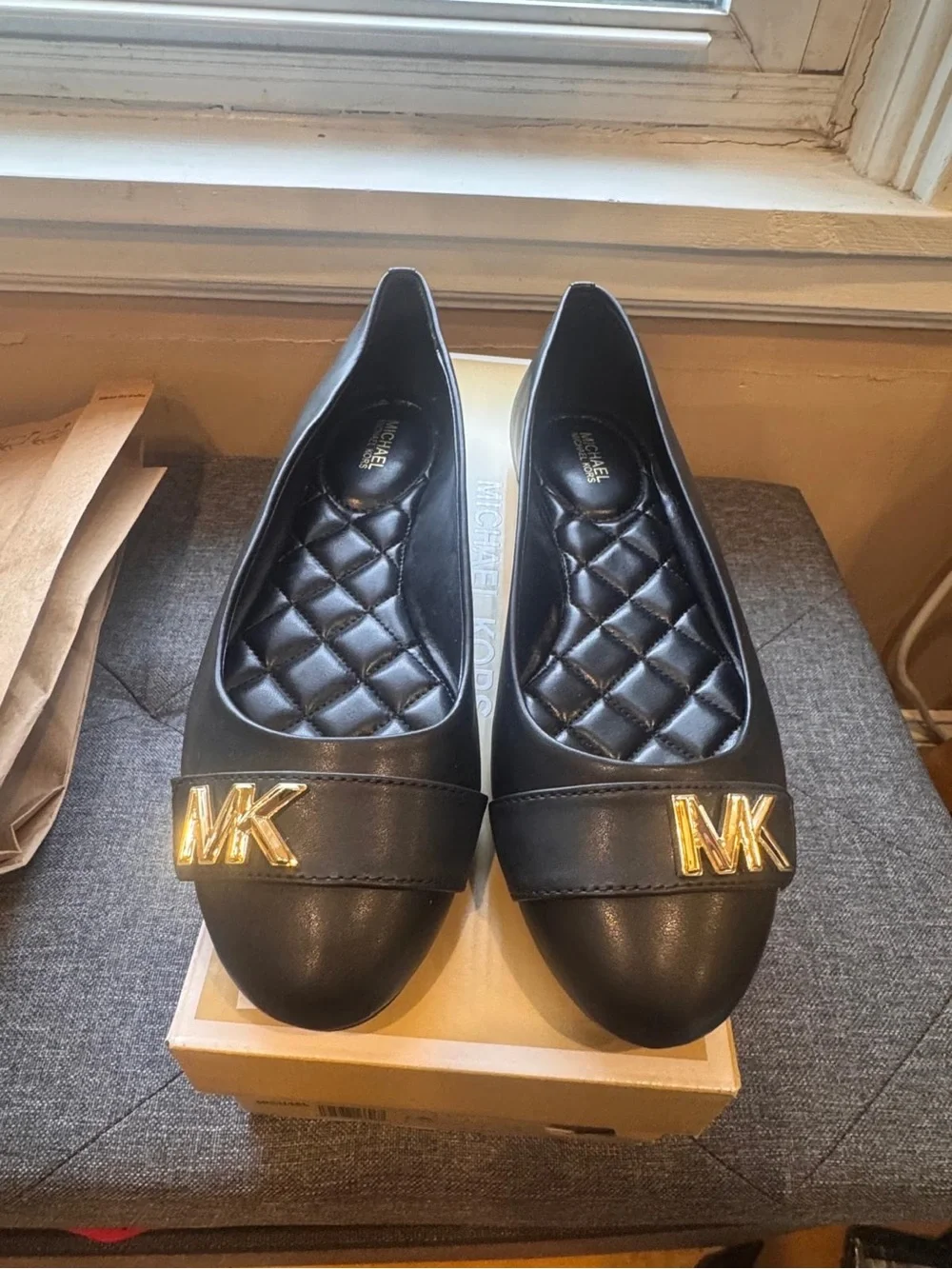 Michael Kors Black Ballet Flats with Gold MK Emblem